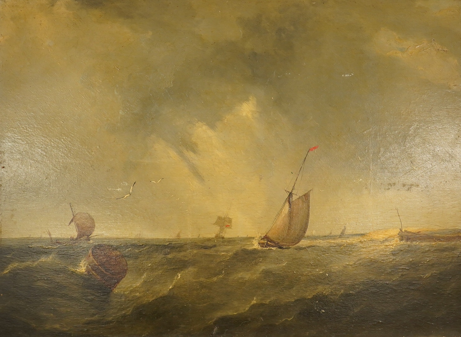 19th century, oil on panel, Shipping scene, unsigned, 36 x 37cm, unframed. Condition - fair, some chipping to the board